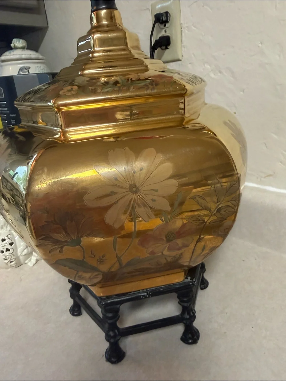 Vintage Solid Cast Brass Chinoiserie Ginger Jar Table Lamp hand painted flowers